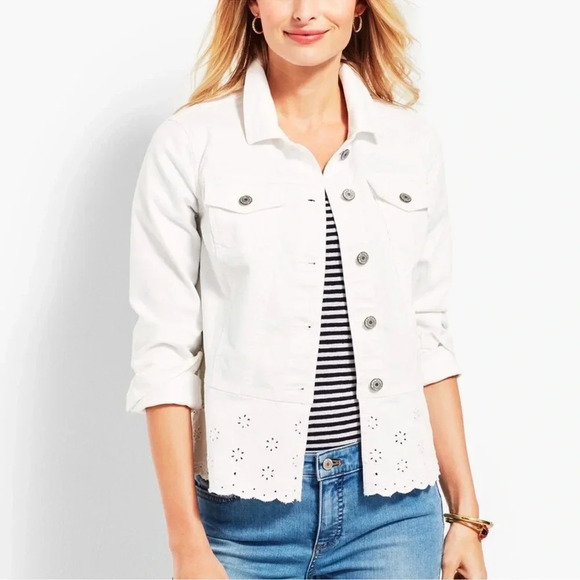 Talbots Jackets & Blazers - Talbots Eyelet Peplum white-denim jean jacket Sz Medium petite great condition